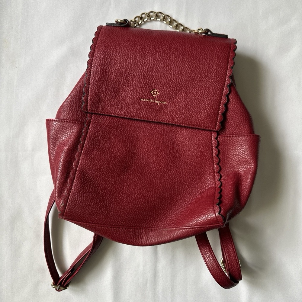 NANETTE LEPORE  Designer Faux Pebbled Leather Backpack/Purse/Tote Red‎ Gold